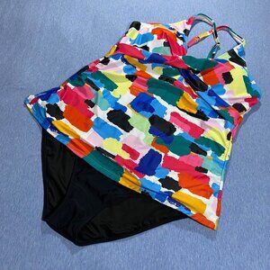 Yonique Womens Plus Size 18W Colorful Tankini Swimsuit Set With Black High-Waist